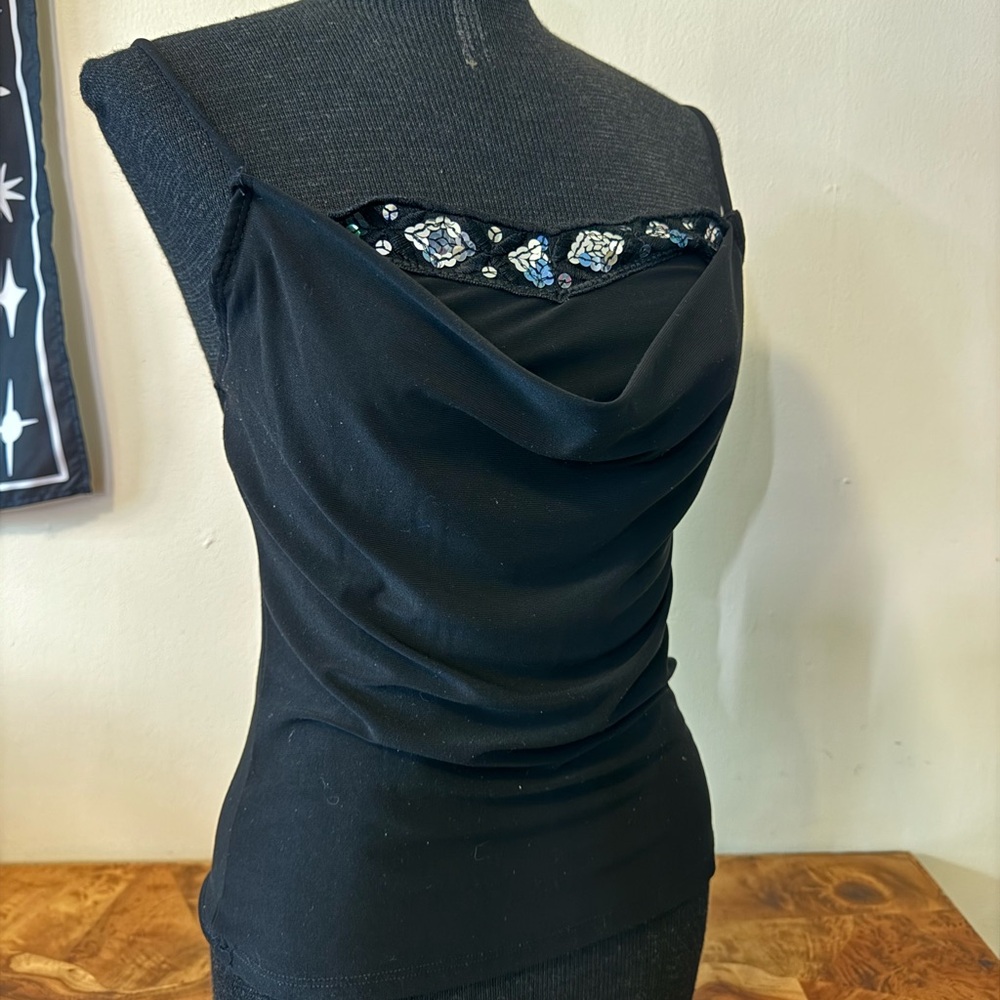 VTG Y2K Backstage Black Beaded Cowl Neck Top